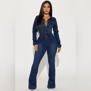 Day Dreaming Long Sleeve Denim Jumpsuit - Dark Denim Womens 1X New